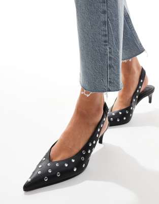 ASOS DESIGN - Scene - Schuhe in Schwarz mit Knöchelriemen, Pfennigabsatz und Nietenbesatz