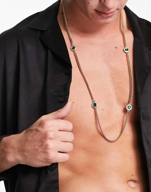 ASOS DESIGN - Schakelketting met lange pasvorm en groene kristallen in goudkleur 