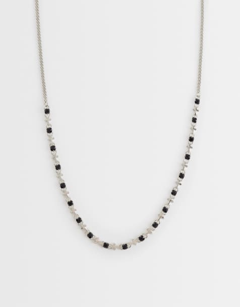 ASOS DESIGN - Schakelketting met zwarte steentjes en kruis in zilver - view 1
