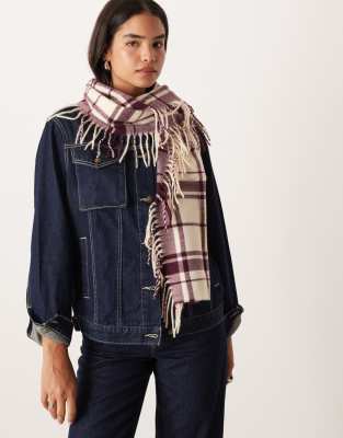 ASOS DESIGN - Schal in Creme und Burgunderrot kariert mit seitlichen Fransen-Bunt