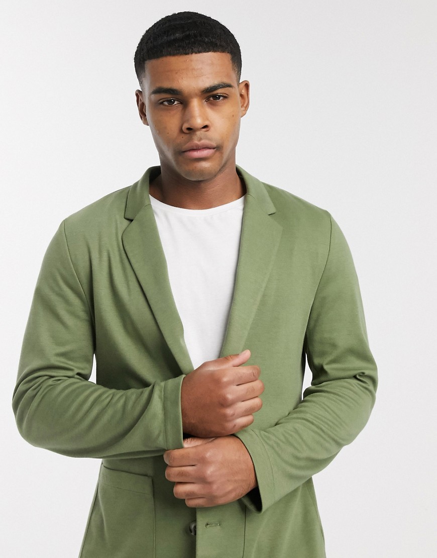 asos design -  – Schicker, weicher Jersey-Blazer mit schmalem Schnitt in Khaki-Grün