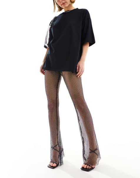 ASOS DESIGN – Schlaghose aus grobem Netzgewebe in Schwarz mit Strassverzierung - view 1