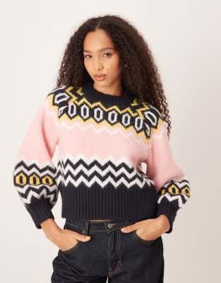ASOS DESIGN - Schlicht strukturierter Pullover in Marineblau mit Fair-Isle-Muster und Rundhalsausschnitt