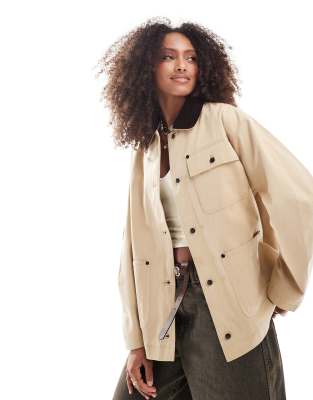 ASOS DESIGN - Schlichte Barn-Jacket in Steinbeige mit Cord-Kragen-Keine Farbe