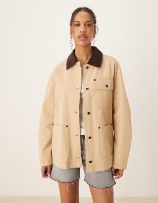 ASOS DESIGN - Schlichte Barn-Jacket in Steinbeige mit Cord-Kragen-Weiß