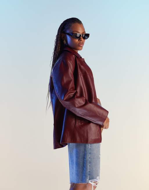 ASOS DESIGN – Schlichte Jacke aus Kunstleder in Burgunderrot mit breitem Kragen, 4 von 4