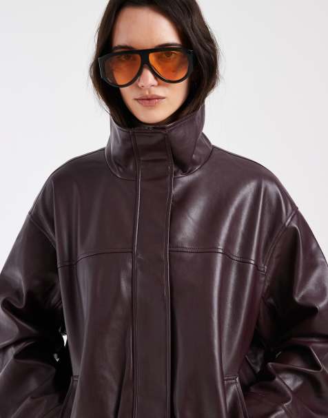 ASOS DESIGN – Schlichte Trainings-Bomberjacke in Schokolade-Pflaume mit Lederoptik und Stehkragen - view 1