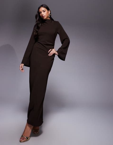ASOS DESIGN – Schlichtes Maxikleid aus Kreppstoff in Schokobraun - view 1