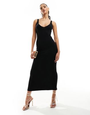 ASOS DESIGN - Schlichtes Midikleid in Schwarz mit 90er-Ausschnitt