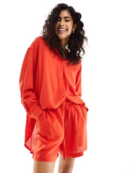 ASOS DESIGN – Schlupf-Shorts in Rot mit Leinenanteil