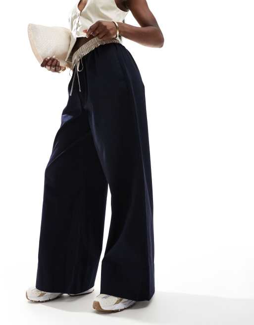 ASOS DESIGN – Schlupfhose aus Flanell in Marineblau mit Kontrastbund
