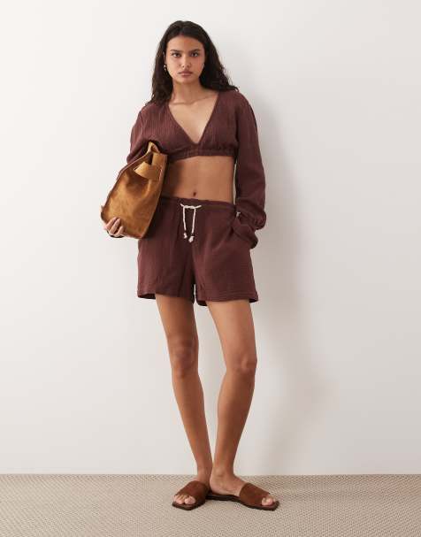 ASOS DESIGN – Schlupfhose aus grob gewebter Baumwolle in Pflaume mit Kordel-Bindedetail, Kombiteil - view 1