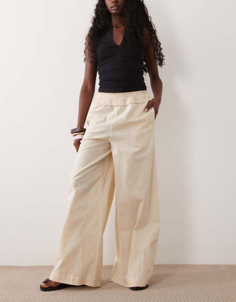 ASOS DESIGN – Schlupfhose aus Leinenmix in Hellbeige mit gesmoktem Bund - view 1