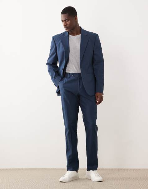 ASOS DESIGN – Schmal geschnittene Anzughose aus 100% Baumwolle in marineblauer Leinenoptik - view 1