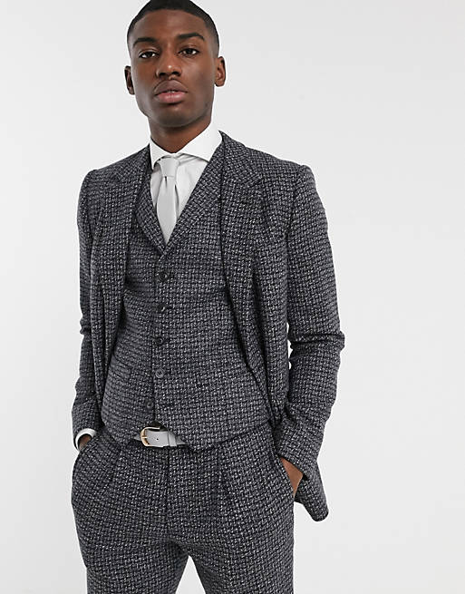 ASOS DESIGN – Schmal geschnittene Anzugjacke aus 100% Lammwoll-Tweed in Blau und Grau