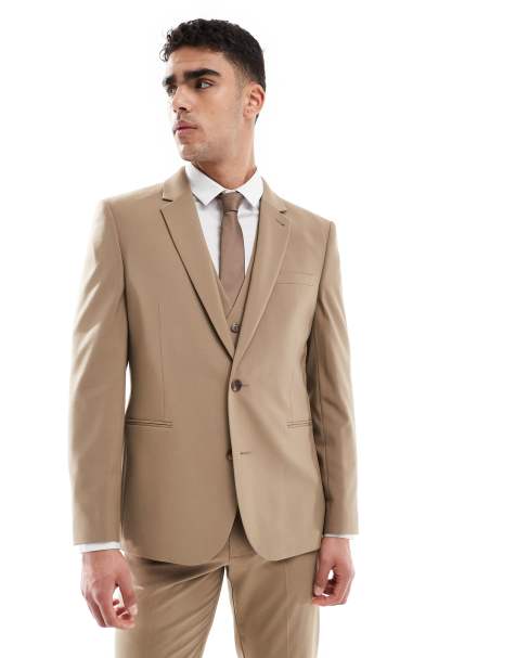 ASOS DESIGN – Schmal geschnittene Anzugjacke in dunklem Steinbeige - view 1