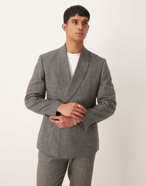 ASOS DESIGN – Schmal geschnittene Anzugjacke in Grau mit Fischgrätmuster und tiefem Umschlag - view 1