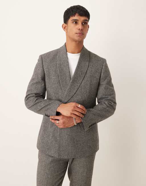 ASOS DESIGN – Schmal geschnittene Anzugjacke in Grau mit Fischgrätmuster und tiefem Umschlag