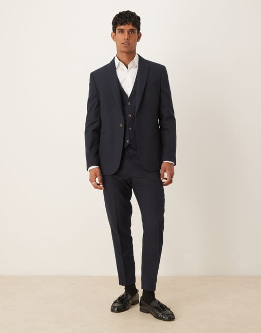ASOS DESIGN – Schmal geschnittene Anzugjacke in marineblauer Wolloptik mit Fischgrätmuster, 2 von 5