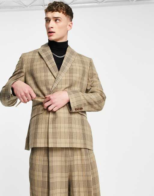 ASOS DESIGN – Schmal geschnittene Anzugjacke mit Gürtel in Beige kariert