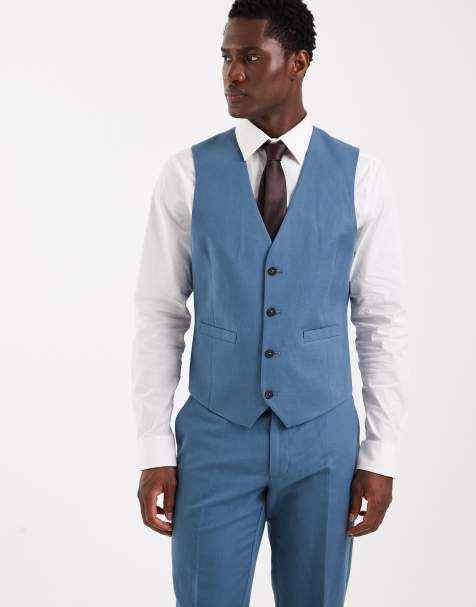 ASOS DESIGN – Schmal geschnittene Anzugweste aus Twill in Mittelblau mit kräftigem Leinenanteil - view 1