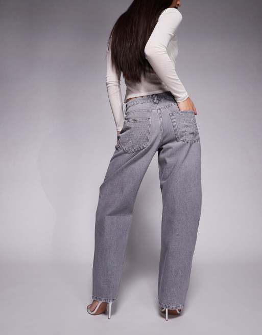 ASOS DESIGN – Schmal geschnittene Barrel-Jeans in Grau mit strassverzierter Vorderseite, 3 von 5