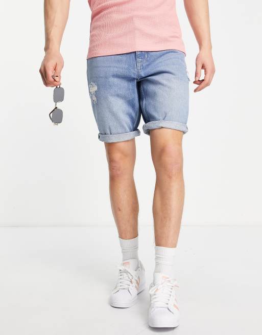ASOS DESIGN – Schmal geschnittene Jeansshorts in mittlerer Waschung mit Abnutzungseffekten , 4 von 4
