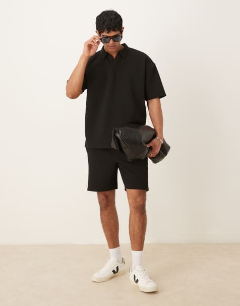 ASOS DESIGN – Schmal geschnittene Shorts aus schwerem, strukturiertem Material in Schwarz, Kombiteil - view 1