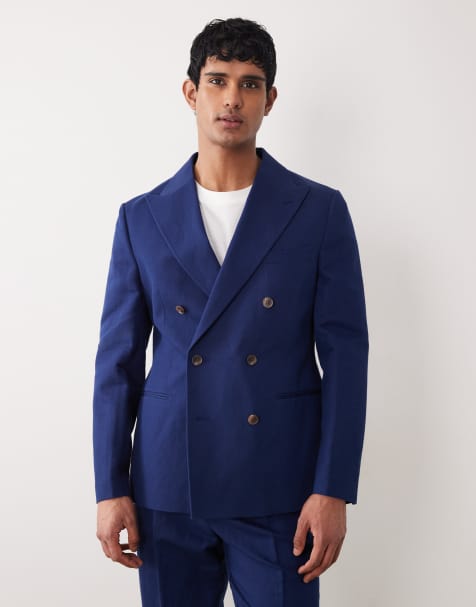 ASOS DESIGN – Schmal geschnittene, zweireihige Anzugjacke in Marineblau mit hohem Leinenanteil - view 1
