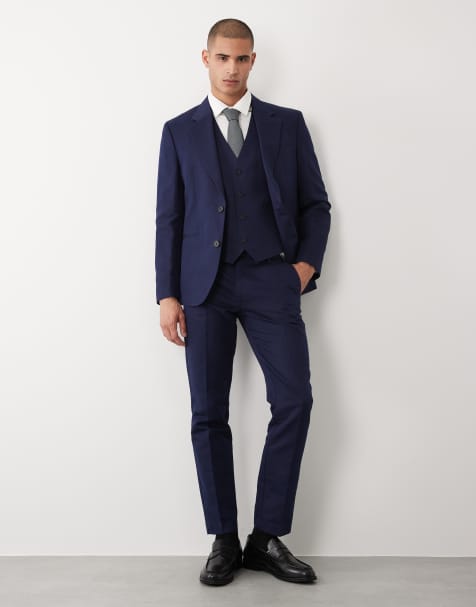 ASOS DESIGN – Schmal geschnittener Anzug aus Twill mit hohem Leinenanteil in Marineblau - view 1