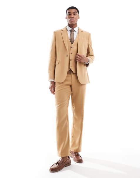 ASOS DESIGN – Schmal geschnittener Anzug in Kamelbraun mit Wollanteil und Panamabindung - view 1
