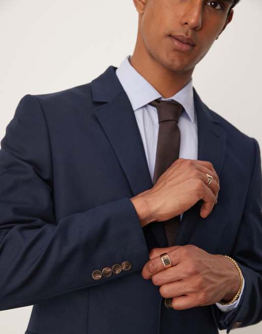 ASOS DESIGN – Schmal geschnittener Blazer aus Baumwoll-Leinenmix in Marineblau, 4 von 5