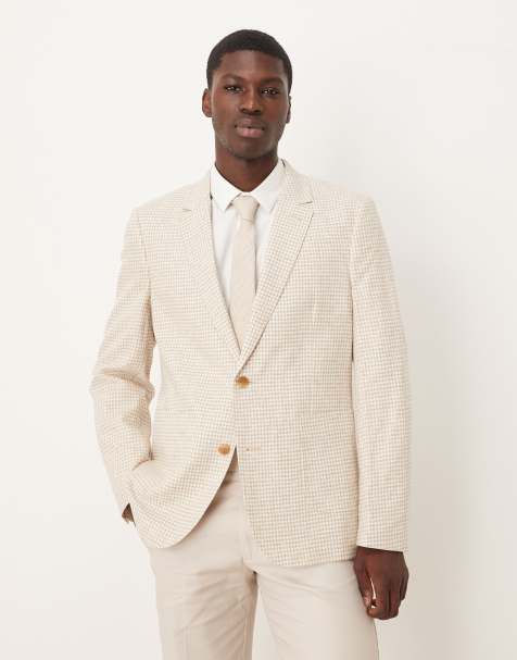 ASOS DESIGN – Schmal geschnittener Blazer aus Leinenmix mit Vichykaros in Steinbeige - view 1