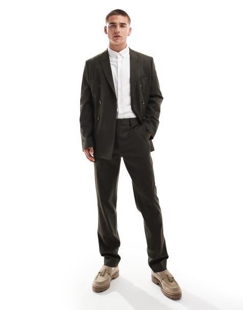ASOS DESIGN – Schmal geschnittener, doppelreihiger Anzug in Olivgrün aus Wollmischung - view 1