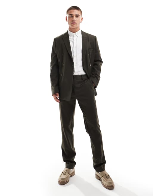 ASOS DESIGN – Schmal geschnittener, doppelreihiger Anzug in Olivgrün aus Wollmischung