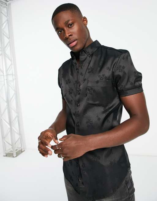 ASOS Design – Schmal geschnittenes Hemd aus floralem Jacquard in Schwarz