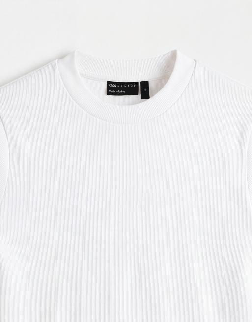 ASOS DESIGN – Schmal geschnittenes, hochgeschlossenes, geripptes T-Shirt in Weiß  , 8 von 9