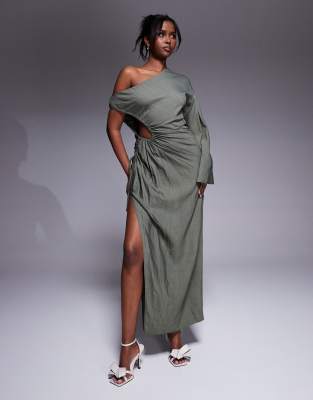 ASOS DESIGN - Schmal geschnittenes Maxikleid in Khaki mit Cut-out-Design und Drapierung-Grün