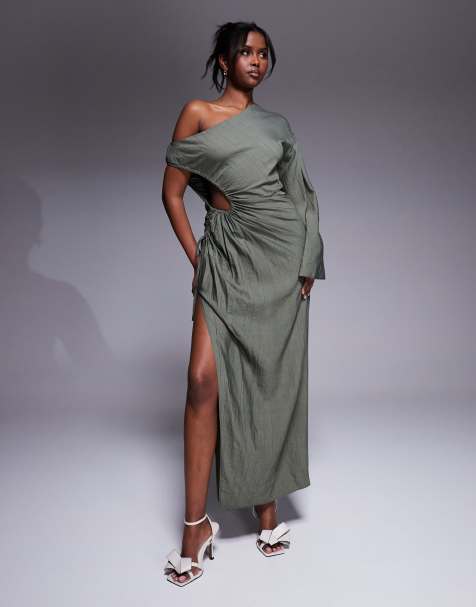 ASOS DESIGN – Schmal geschnittenes Maxikleid in Khaki mit Cut-out-Design und Drapierung - view 1