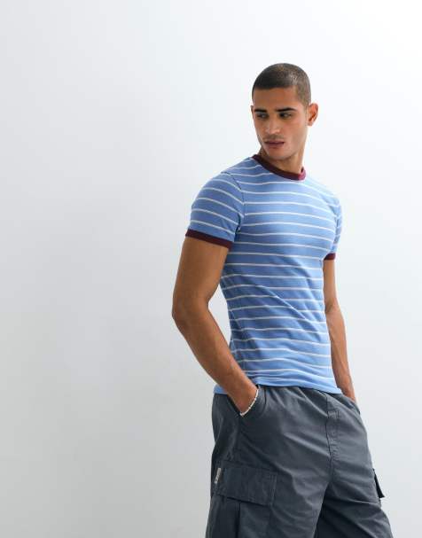 ASOS DESIGN – Schmal geschnittenes Ringer-T-Shirt aus strukturiertem Stoff in Blau gestreift - view 1