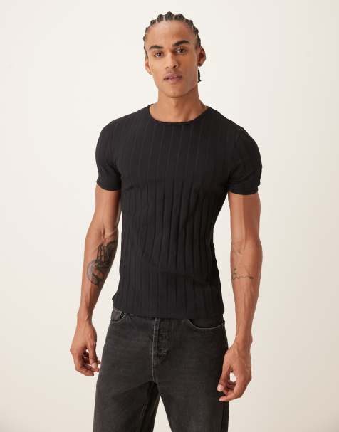 ASOS DESIGN – Schmal geschnittenes T-Shirt in Schwarz mit breitem Rippenmuster - view 1
