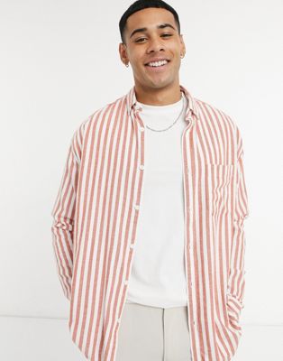 ASOS DESIGN – Schmal gestreiftes Oversize-Hemd aus weicher Baumwolle im Stil der 90er in Rostrot-Orange