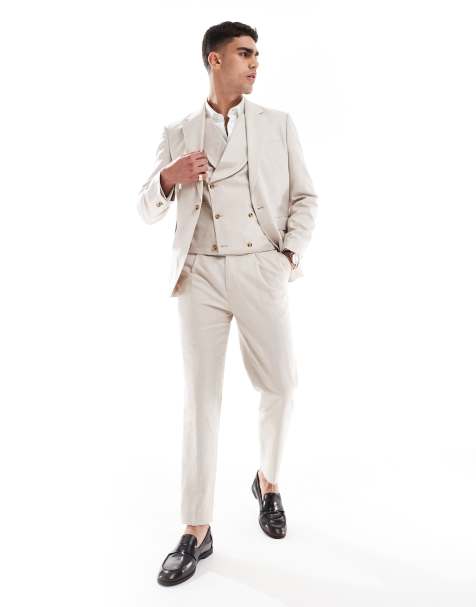 ASOS DESIGN – Schmal zulaufende Anzughose aus Twill mit Leinenanteil in Stein - view 1