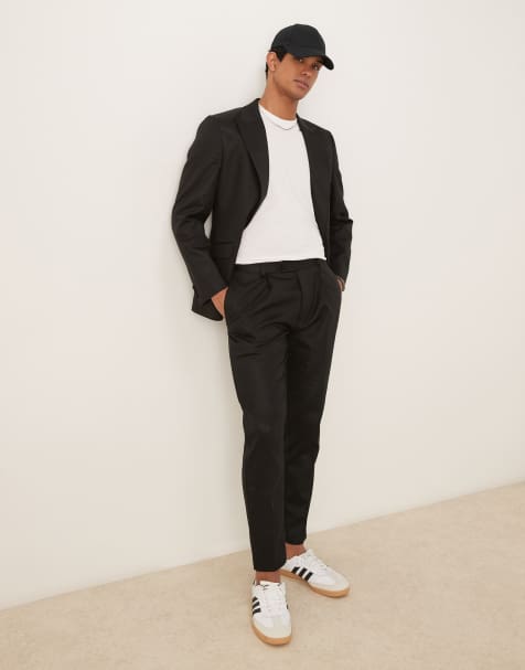 ASOS DESIGN – Schmal zulaufende Anzughose in glänzendem Schwarz mit Leinenanteil - view 1