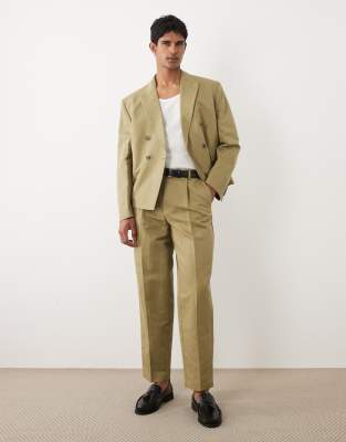 Schmal zulaufende Anzughose in Khaki mit hohem Leinenanteil-Grün Grün 44 Regular