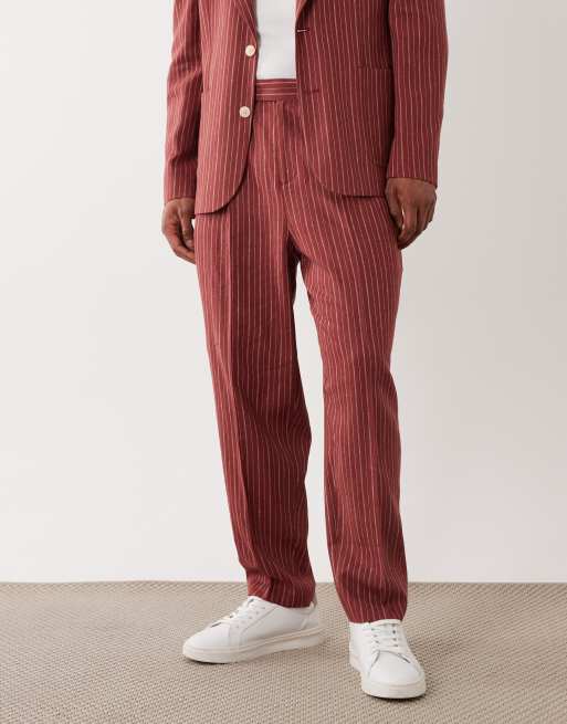 ASOS DESIGN – Schmal zulaufende Oversize-Anzughose in Terrakotta gestreift mit hohem Leinenanteil, 2 von 5