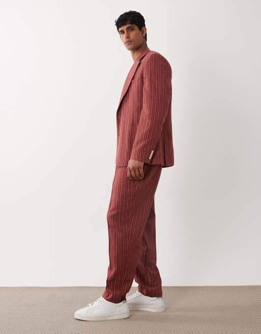 ASOS DESIGN – Schmal zulaufende Oversize-Anzughose in Terrakotta gestreift mit hohem Leinenanteil, 3 von 5