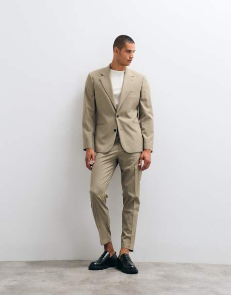 ASOS DESIGN – Schmal zulaufender Anzug in Khaki mit Nadelstreifen - view 1