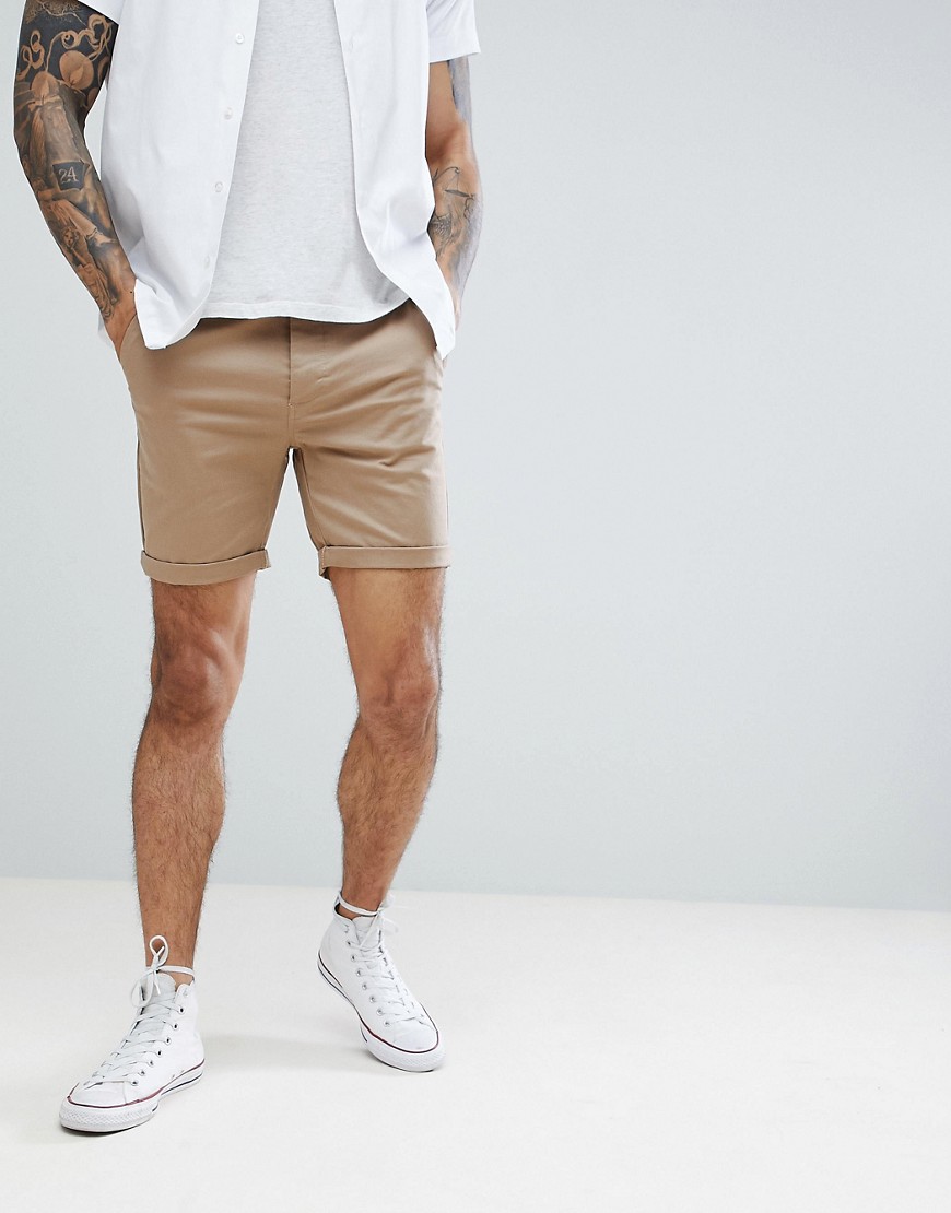 Asos Design – Schmale Chino-Shorts In Stone- Neutral W26in