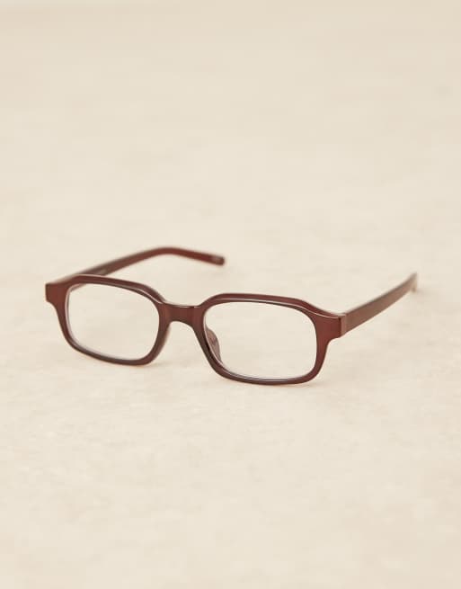ASOS DESIGN – Schmale, eckige Brille in milchigem Braun mit klaren Gläsern, 2 von 3